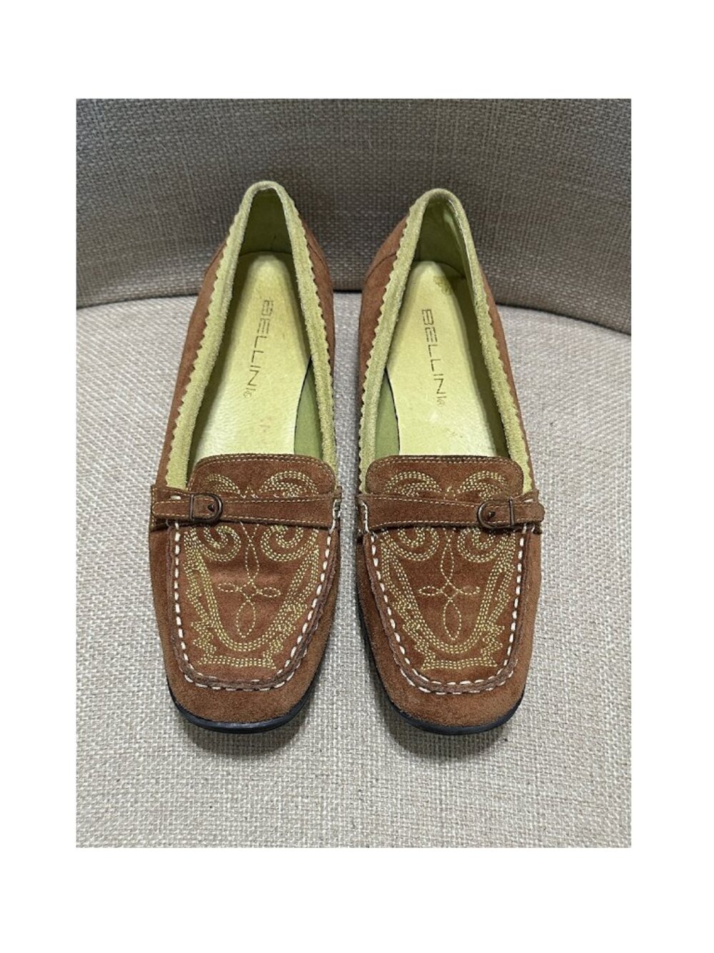 Bellini Brown Embroidered Suede Loafers With Green Trim Size 7 M